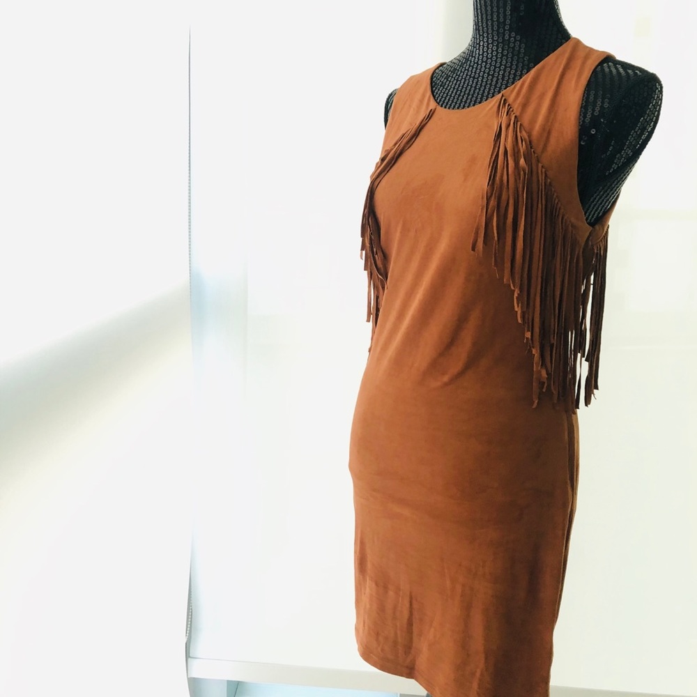Camel brown velvet mini dress with fringe/tassels